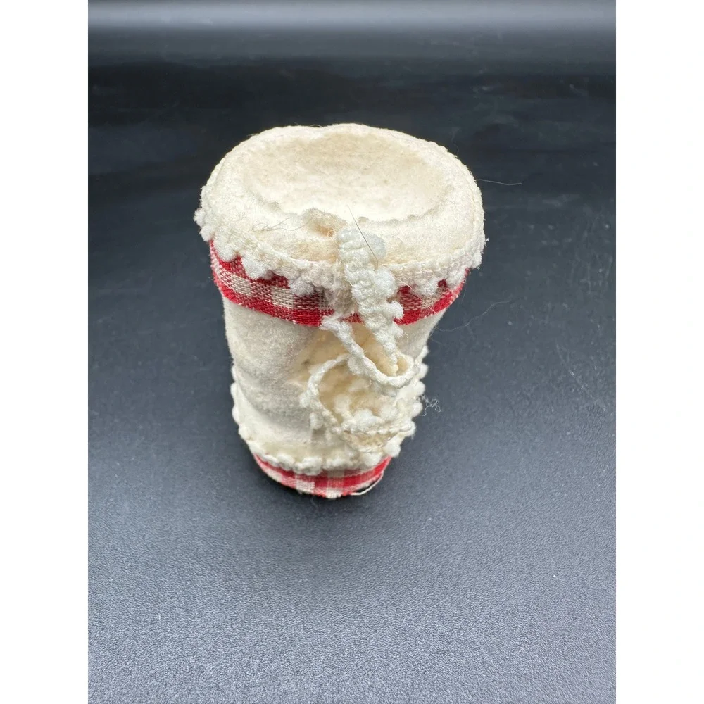 Vintage Flocked Felt Candy Boot Ornament Christmas Red Gingham‎ Ribbon Trim